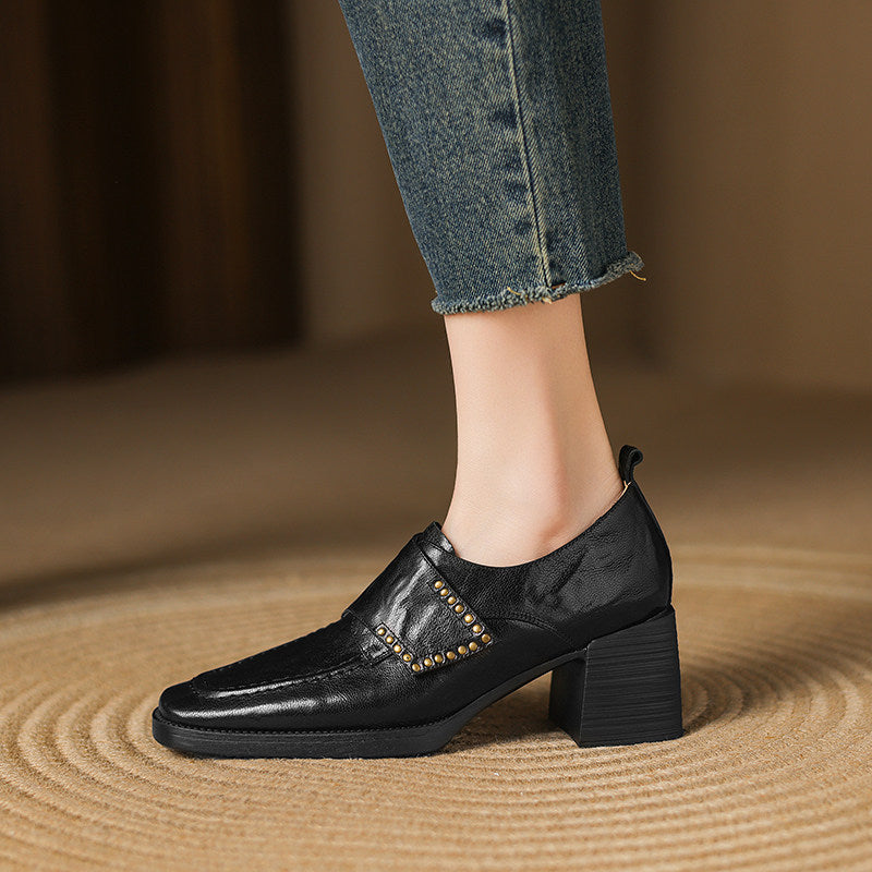 Black Square Toe Chunky Heel Pumps with Studded Accents