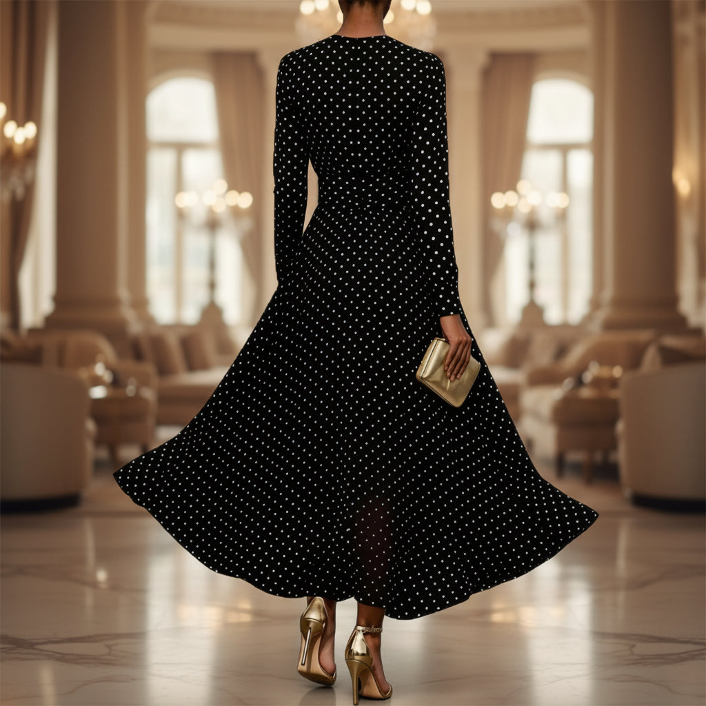 Polka Dot Sheath Dress Round Neck Long Sleeve Office Dress