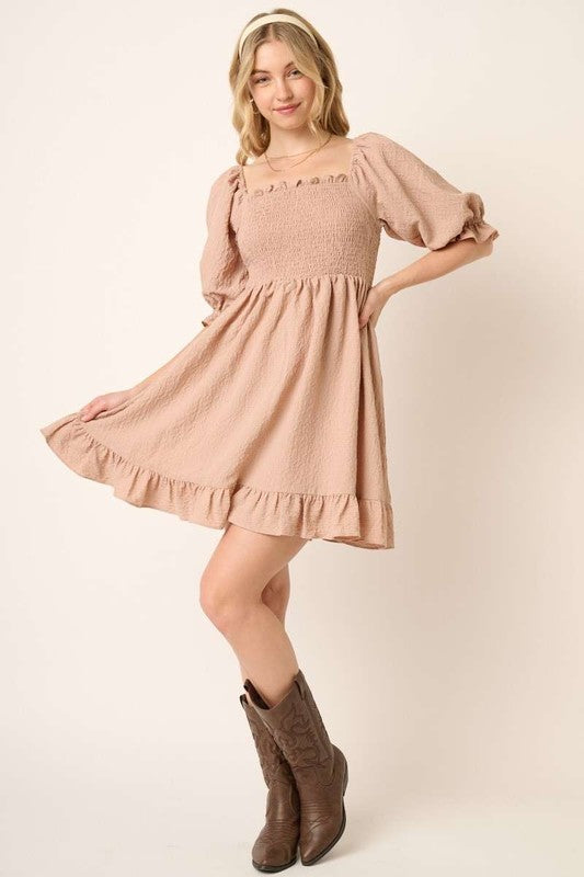 Smocked Ruffled Hem Half Sleeve Mini Dress