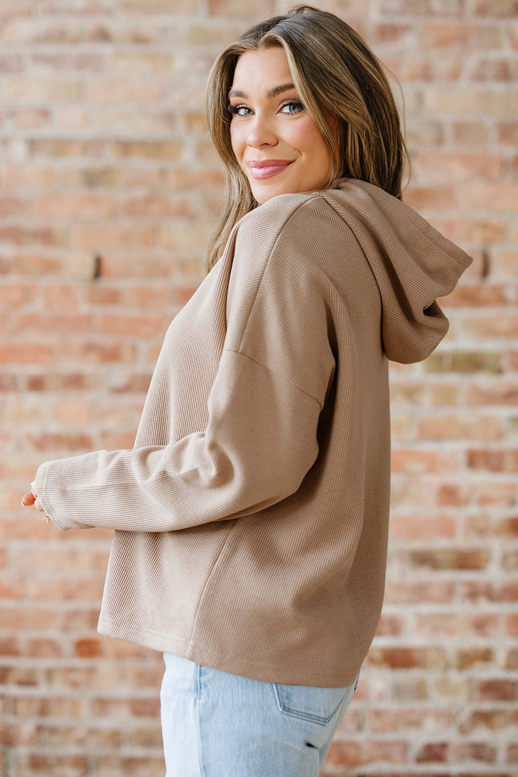 Dark Khaki Thermal Textured Leopard Drawstring Baggy Hoodie