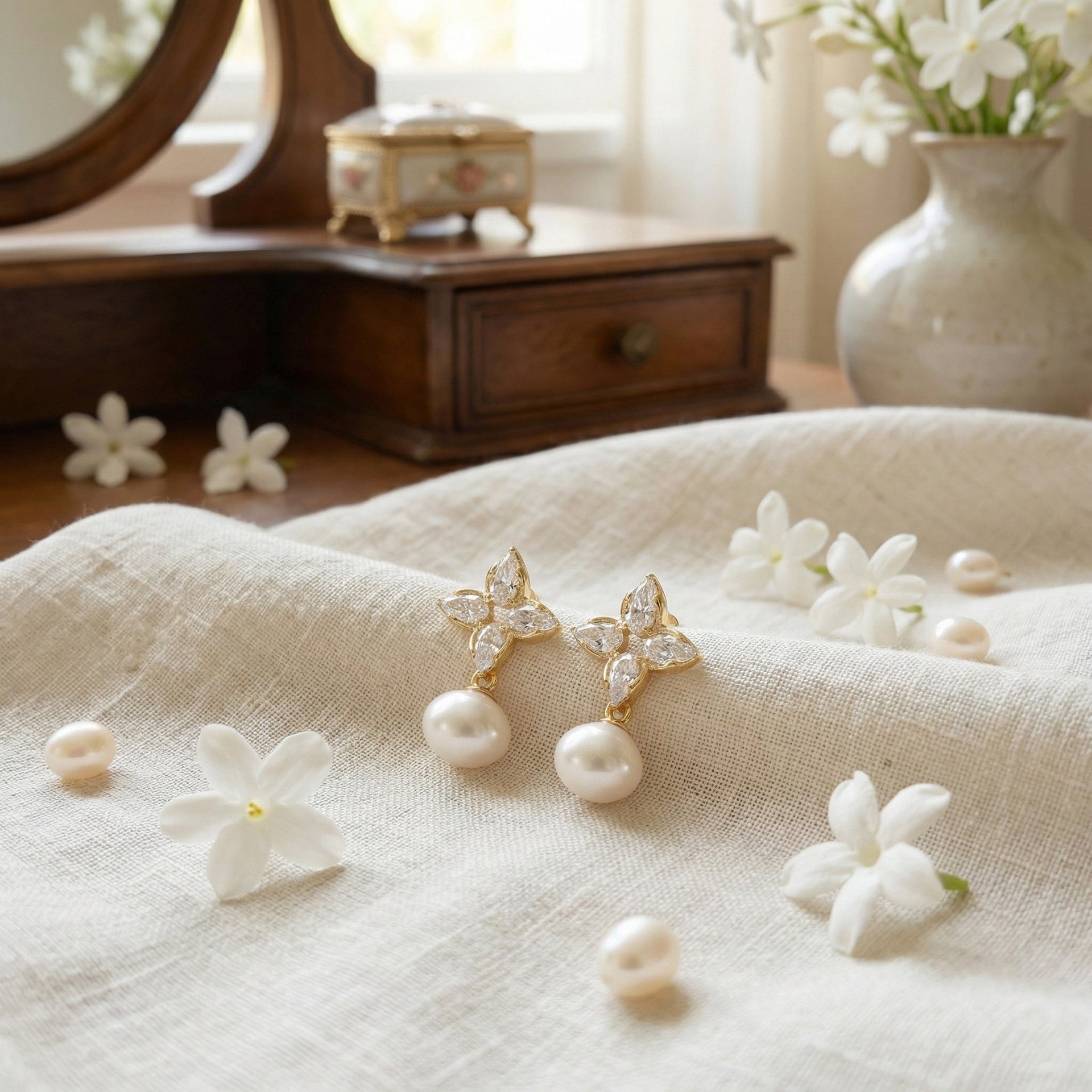 Elegant 925 sterling silver floral drop earrings featuring marquise-cut stones and dangling white pearls.