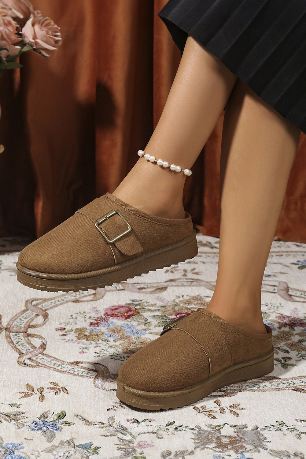 Jasmine Faux Suede Buckle Strap Detail Winter Slippers