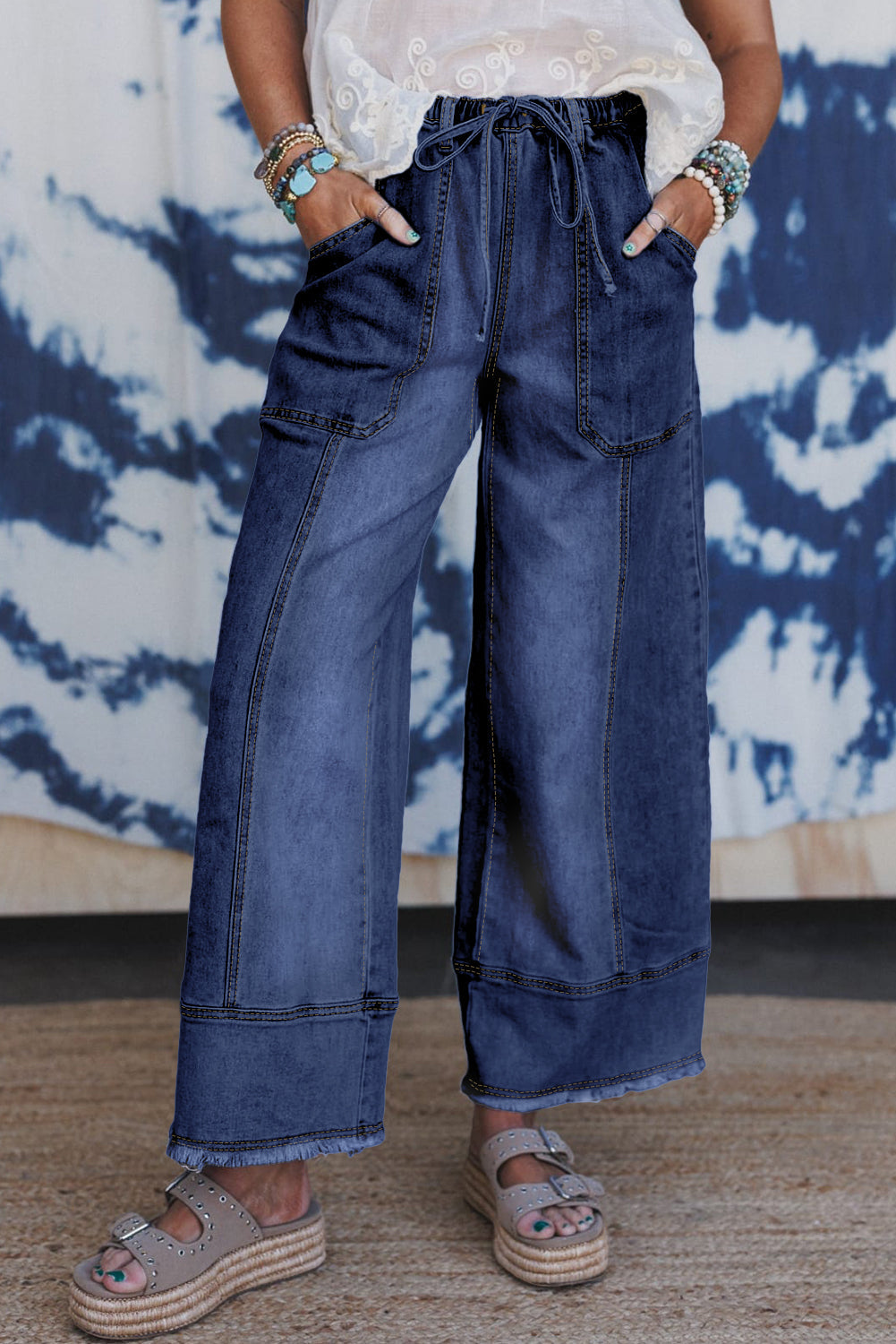 Beau Blue Drawstring Seam Detail Raw Hem Wide Leg Jeans