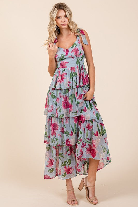 Layered Floral Sweetheart Neck Maxi Dress for Women