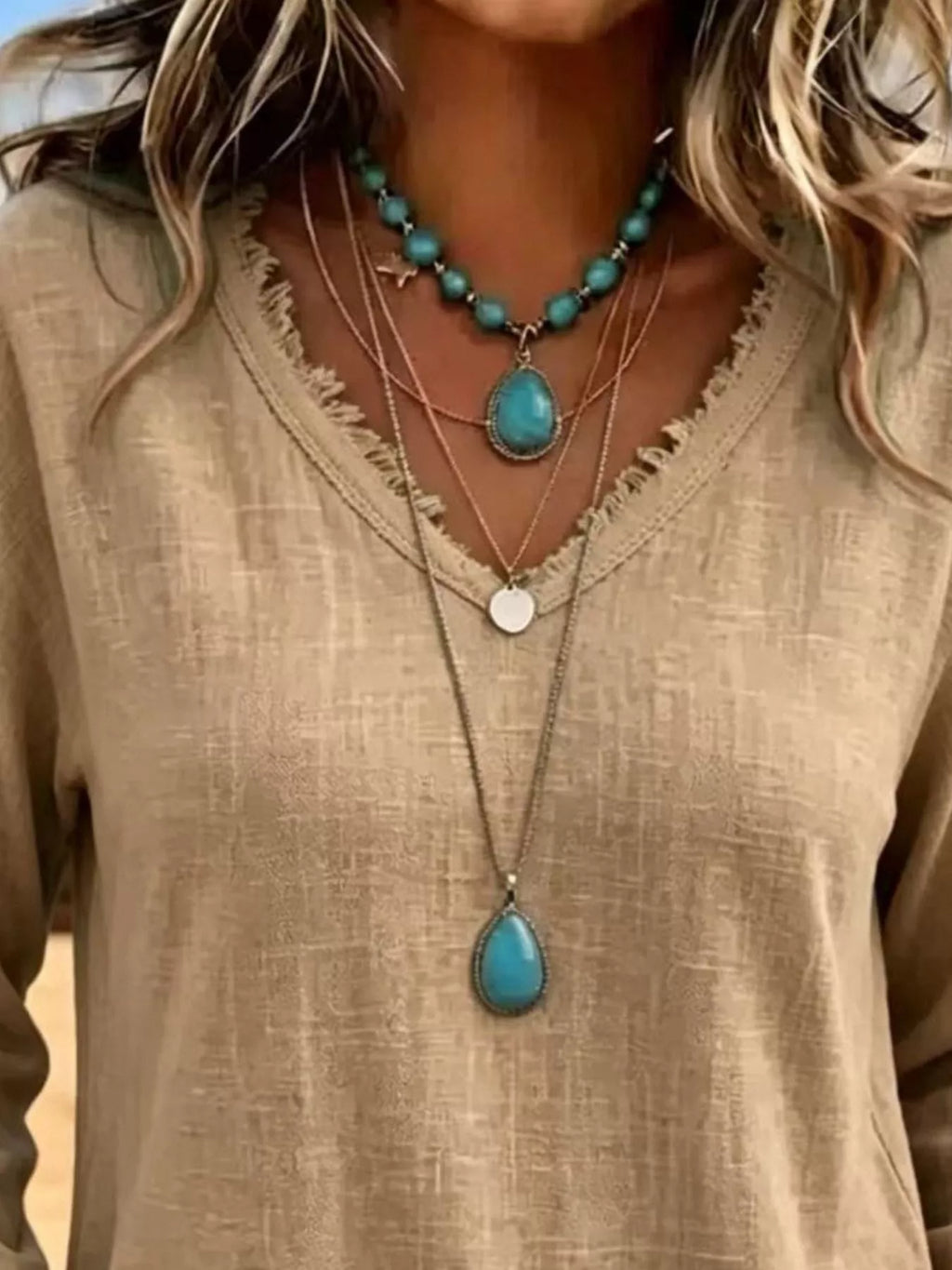 V-Neck Frayed Hem Long Sleeve T-Shirt