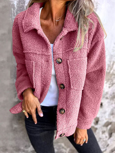 Women's Fuzzy Button-Up Jacket with Drop Shoulder
