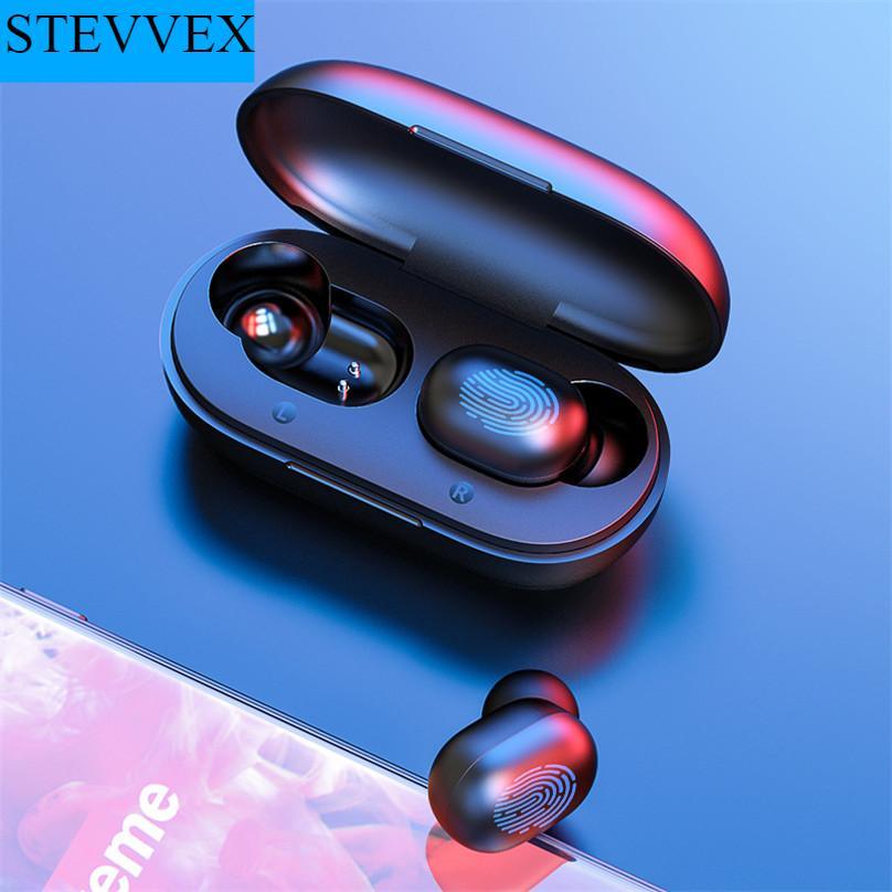 Sleek black wireless Bluetooth 5.0 earbuds with touch control and minimalist sporty design