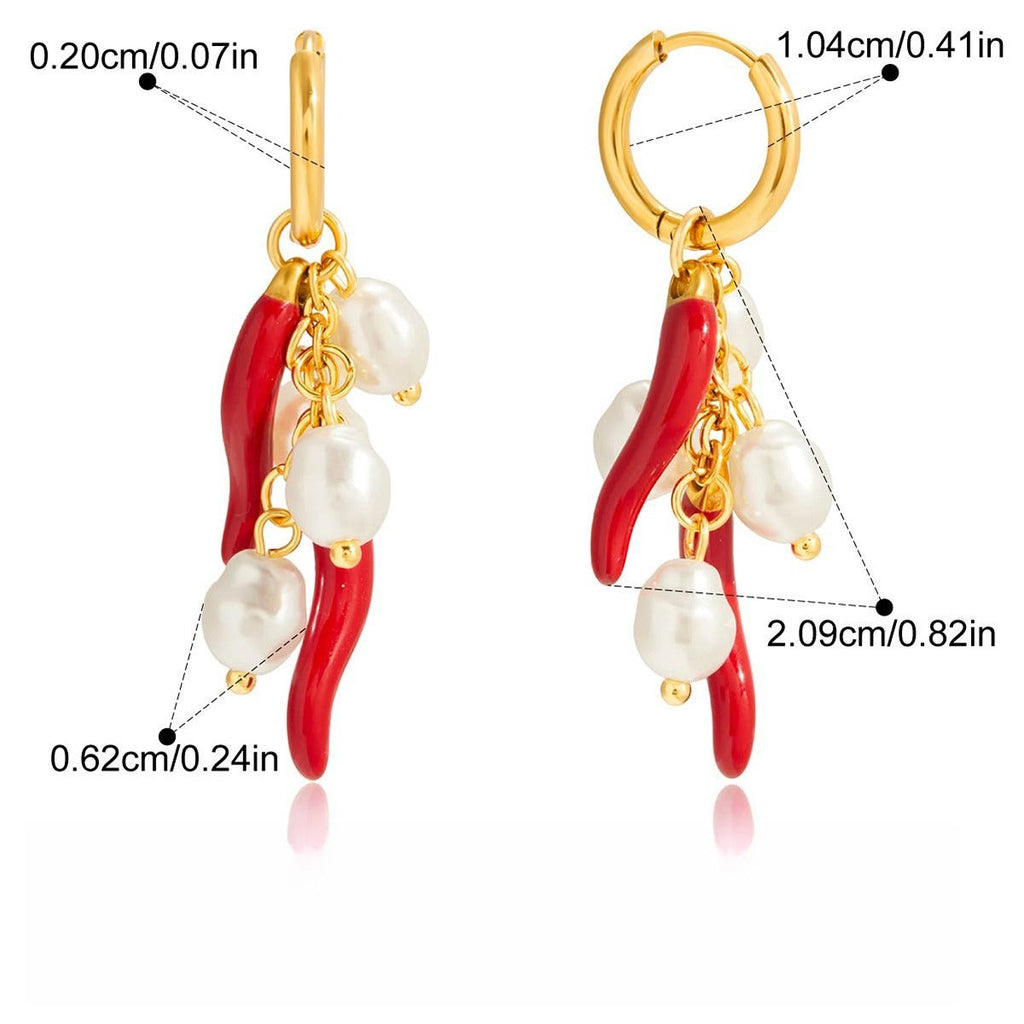 18K Gold Chili Pepper and Pearl Dangle Earrings Lightweight