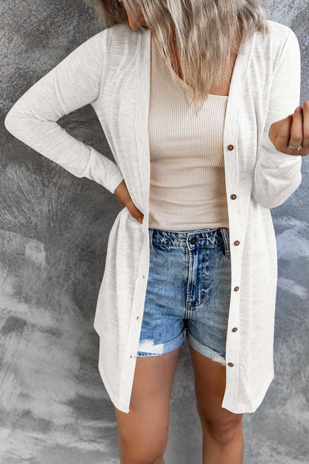 White Longline Open-Front Buttoned Cardigan - Lightweight Knit