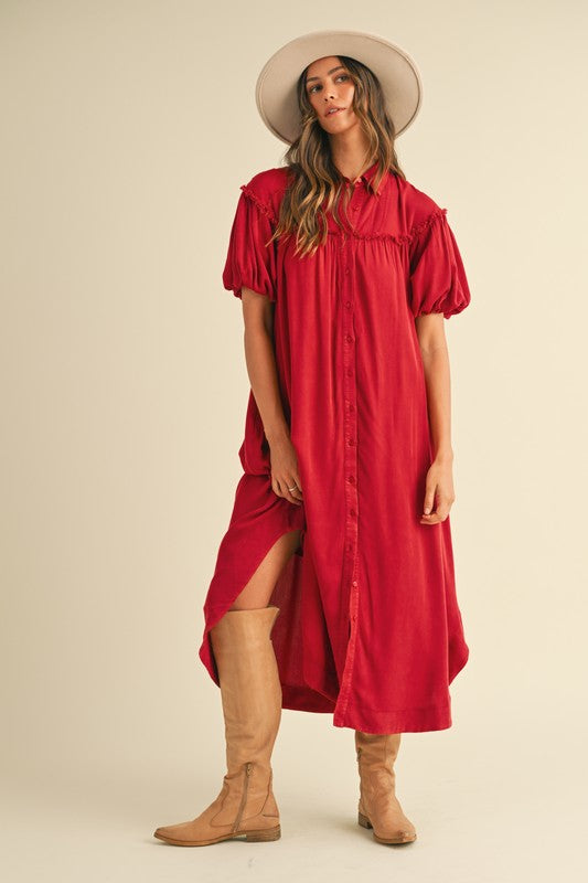 Red Mineral Washed Puff Sleeve Shirt Dress - Casual Cotton