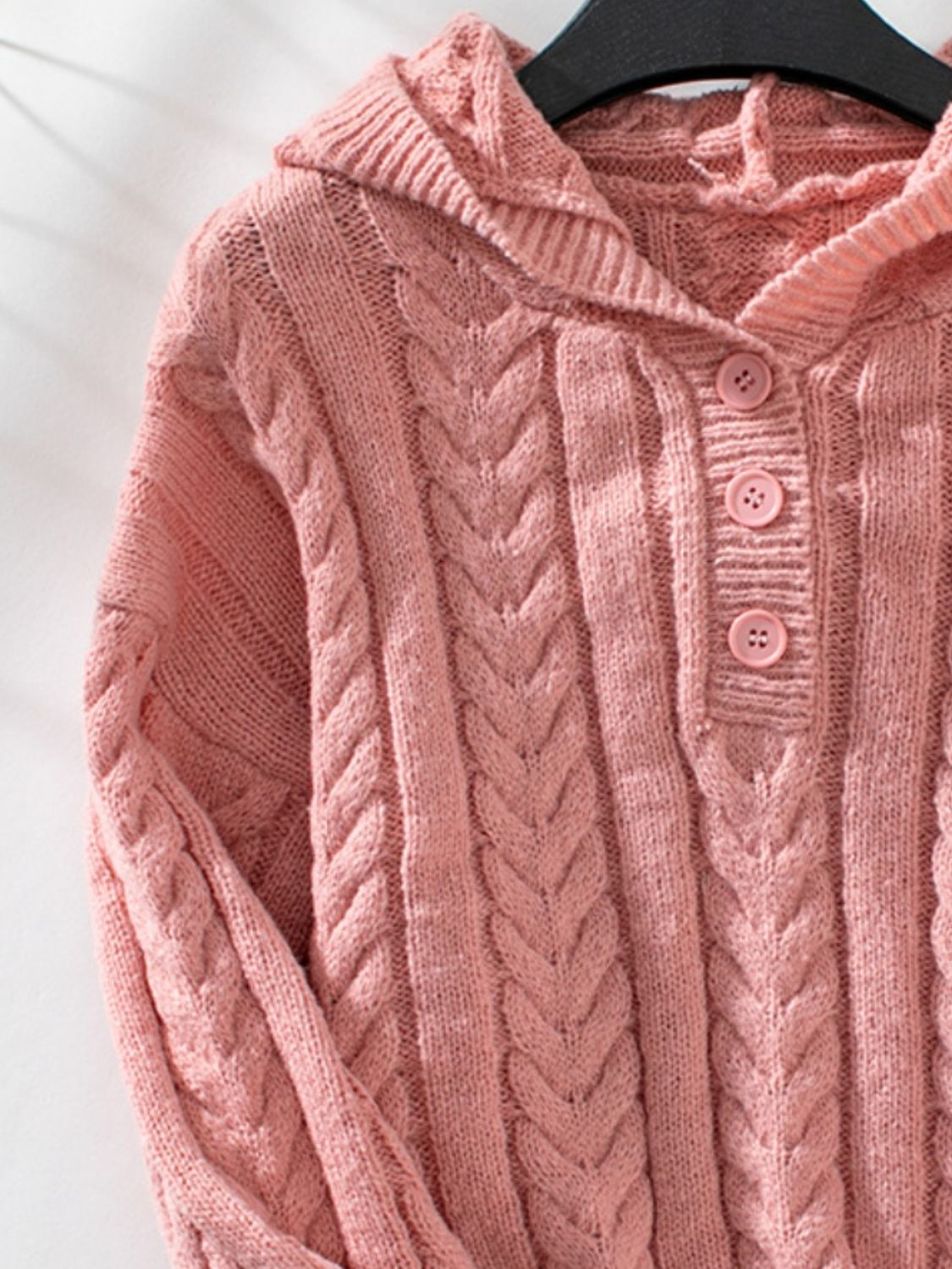 Women's Button-Down Cable-Knit Hooded Sweater in Tan - Image 8