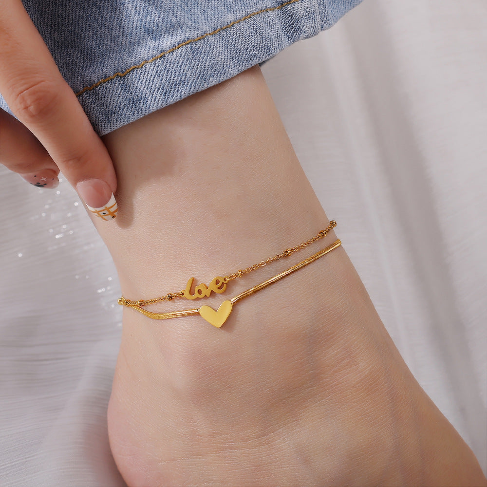 New European & American Fashion Double Layer Heart Love Pendant Anklet For Women, INS Minimalist Style, Trendy Anklet