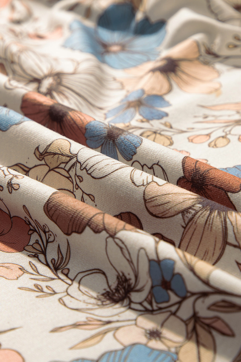 Khaki Floral Print Loose Crew Neck Long Sleeve T-Shirt