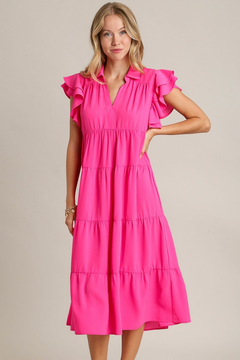 Charming pink dress with ruffle cap sleeves and a classic collar