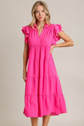 Charming pink dress with ruffle cap sleeves and a classic collar