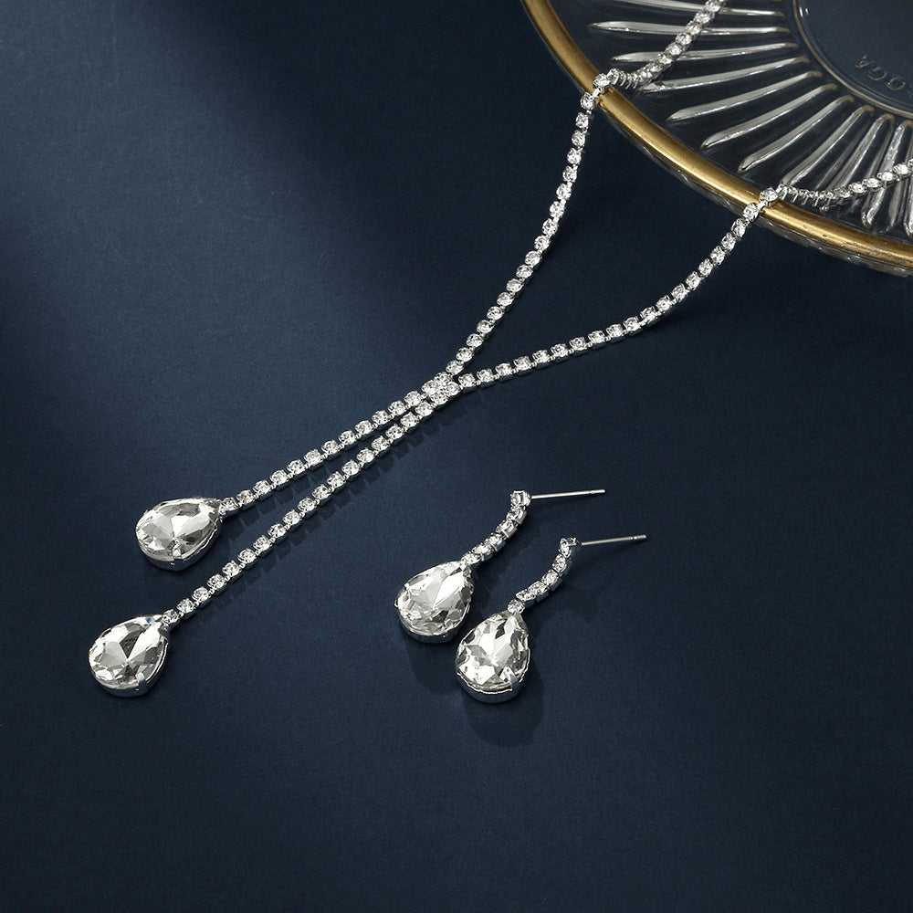 Cross-Border E-Commerce Hot-Selling European And American Fashionable And Elegant Water Drop Necklace And Earrings Two-Piece Set Rhinestone Jewelry Set