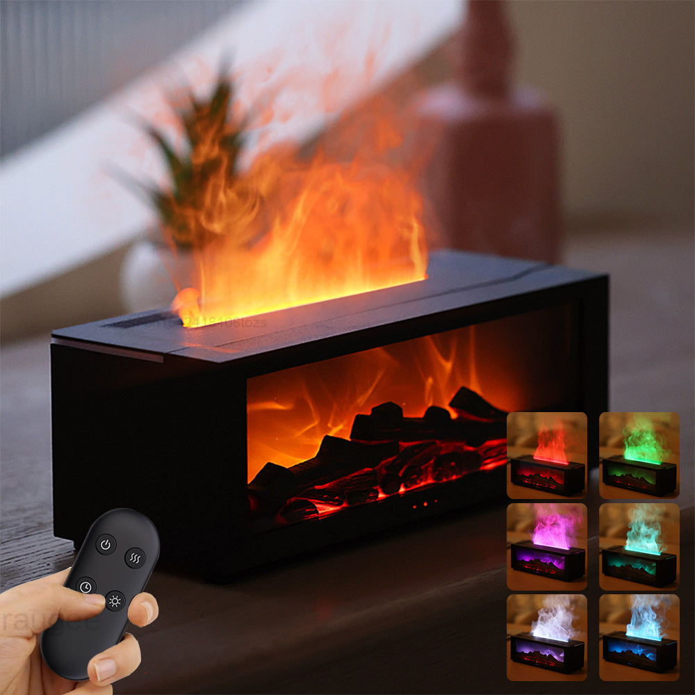 Modern black flame aromatherapy diffuser with 3D LED fire effect sitting on a minimalist wooden surface.