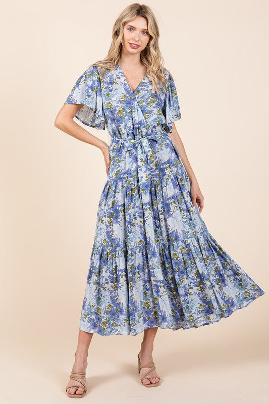 Floral Tie Waist Flutter Sleeve Tiered Dress in Blue and Green