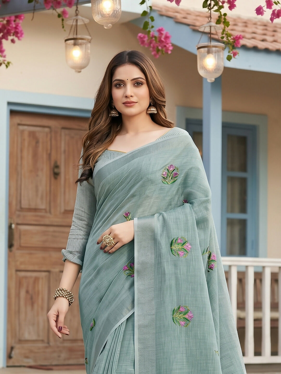 Sea Green Linen Saree with Matching Blouse Piece