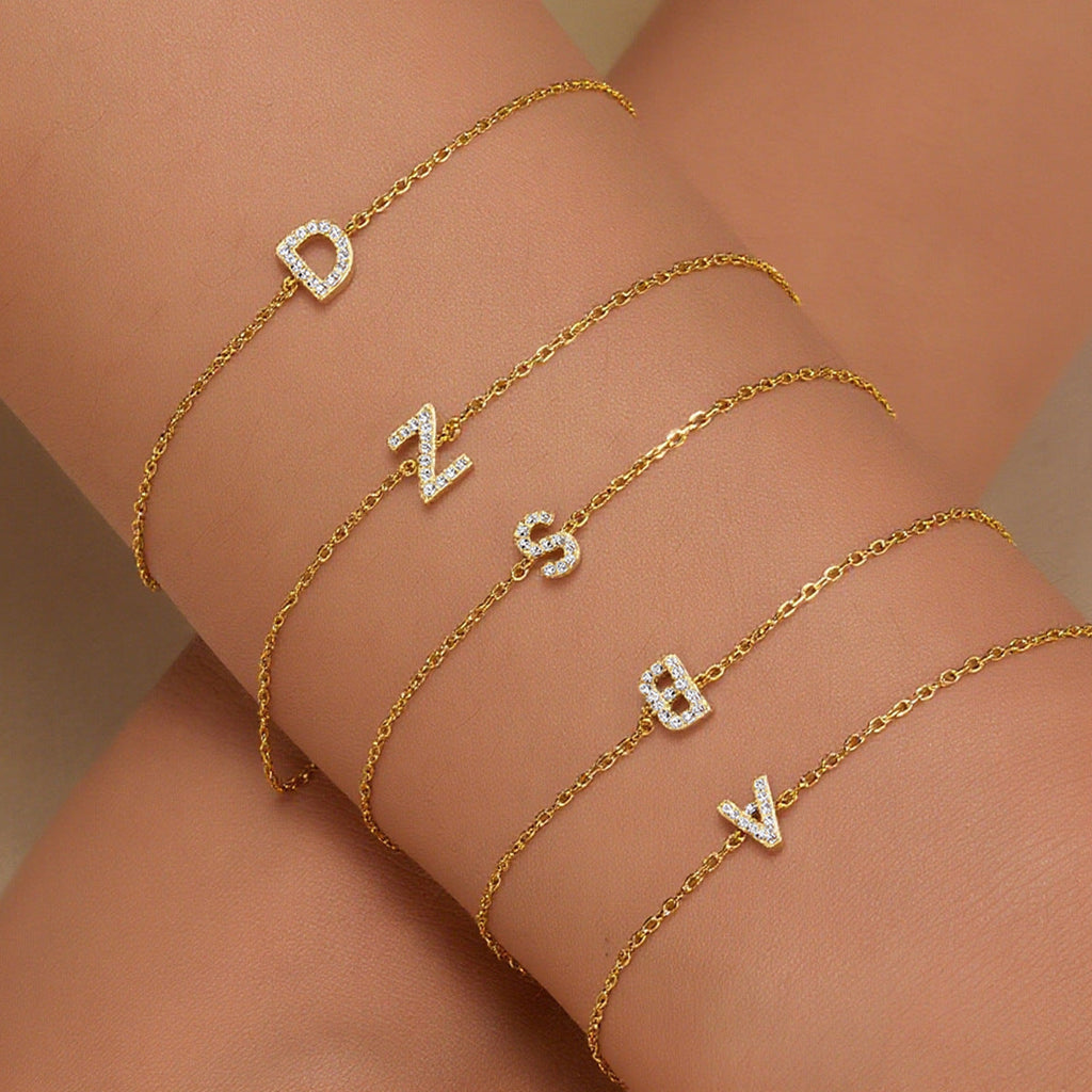 Gold-Plated Minimalist Letter Bracelet with Cubic Zirconia