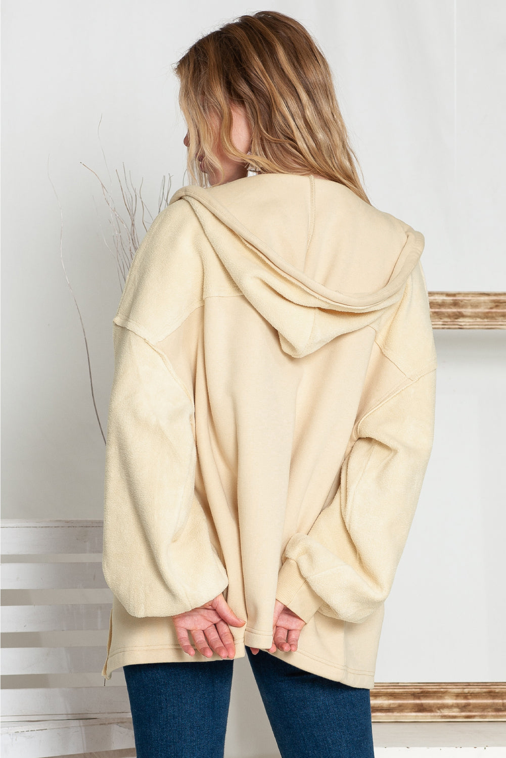 Green Bishop Sleeve Zip Up Hoodie Jacket with Flap Pockets