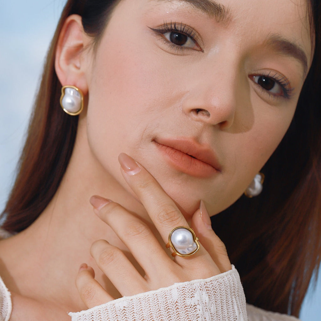 18K gold geometric inlaid pearls exquisite design noble earrings ring necklace set