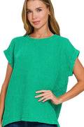 Zenana Woven Double Gauze Acid Washed Green Short Sleeve Top
