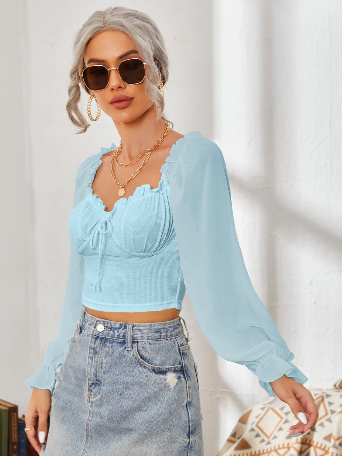 Mesh Sweetheart Neck Flounce Sleeve Top with Ruffled Detail - Image 7