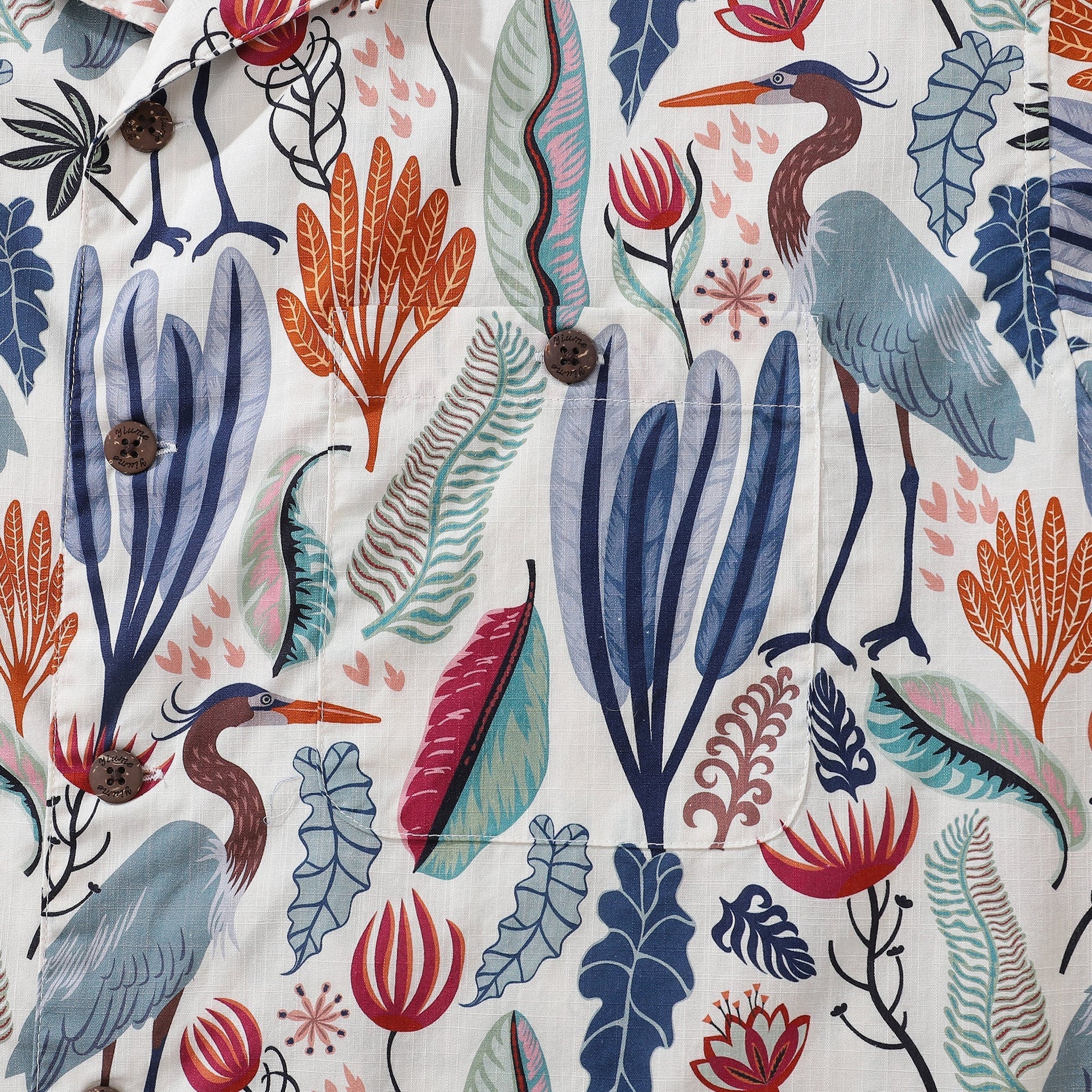 Men's Tropical Heron Print Hawaiian Shirt, 100% Cotton Camp Collar