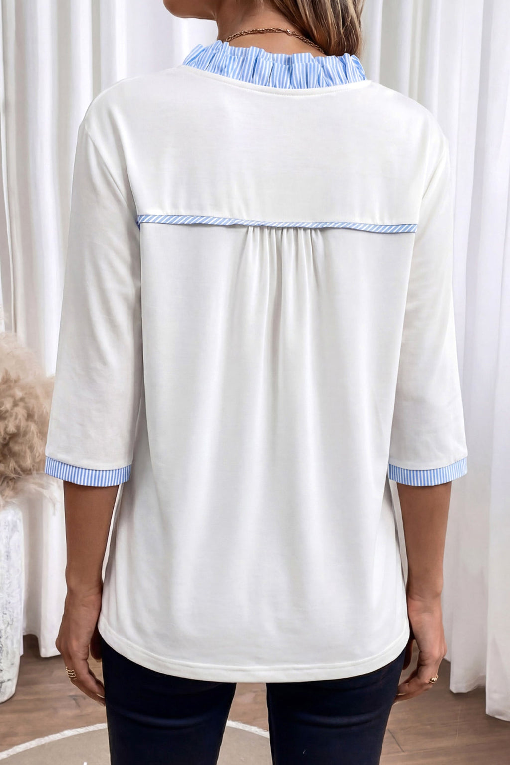White Striped Patchwork V Neck Blouse with 3/4 Sleeves - Image 2