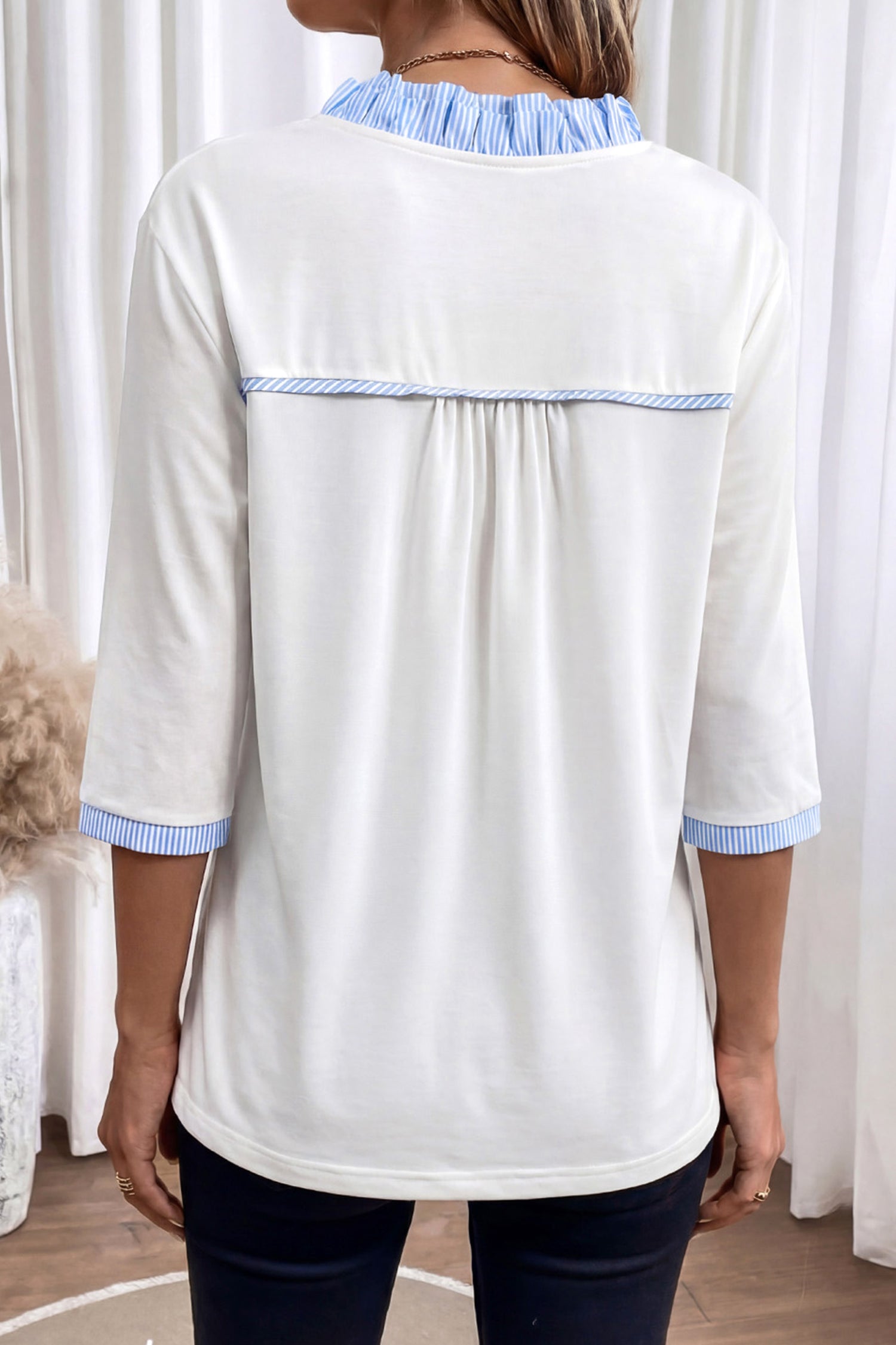White Striped Patchwork V Neck Blouse with 3/4 Sleeves - Image 2