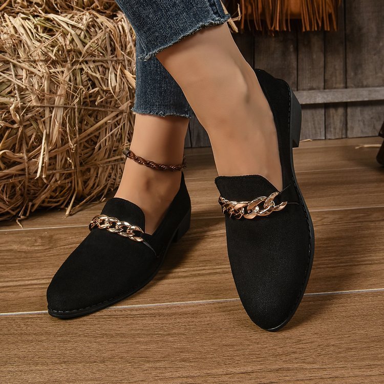 Women’s Pointed Toe Chunky Block Heel Loafers with Chain Detail