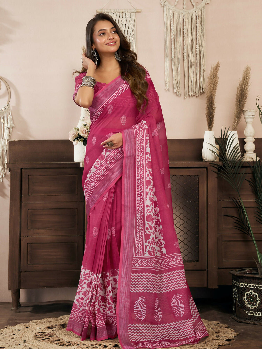 Pink floral linen ready-to-wear saree with matching unstitched blouse piece