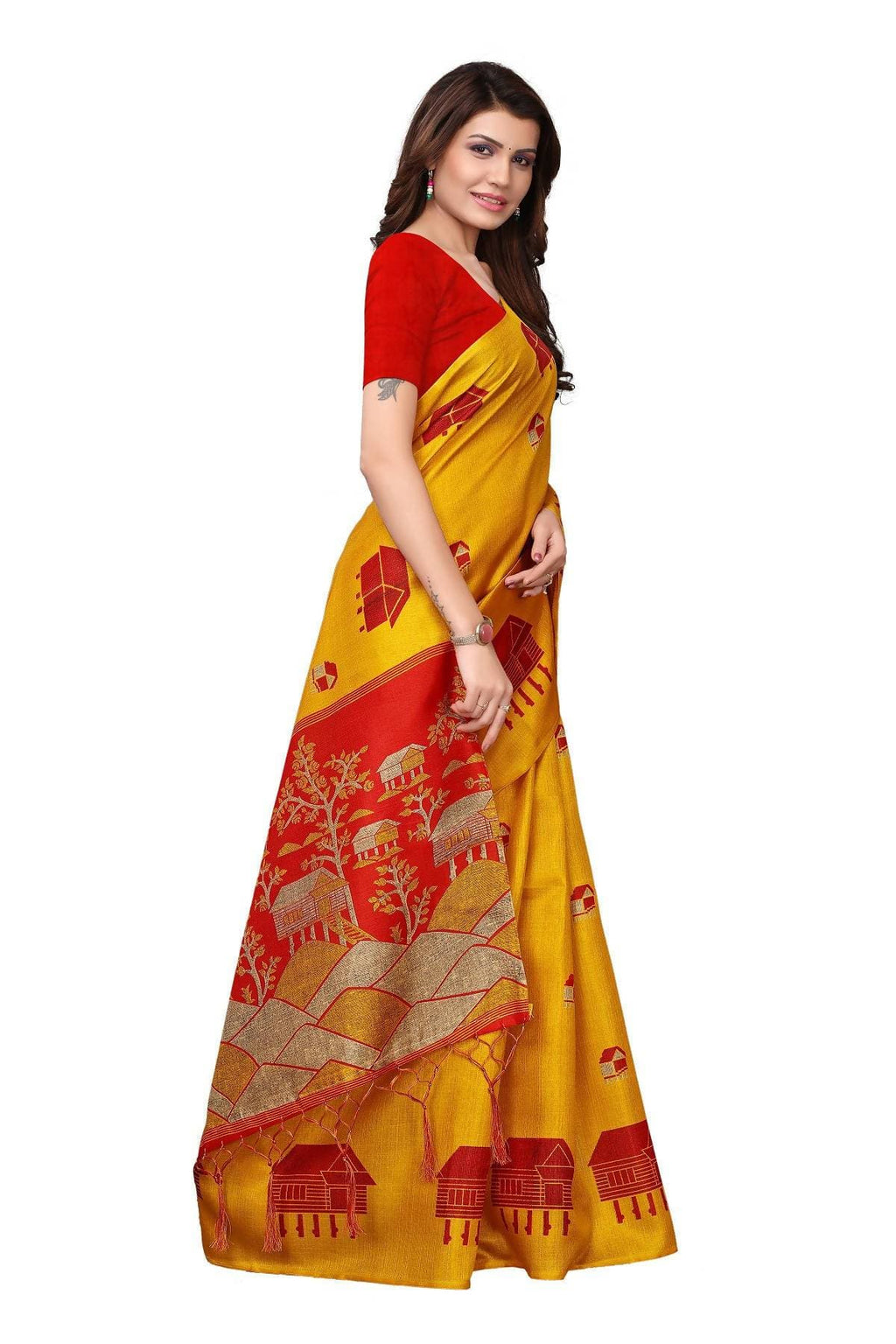 Yellow & Red Kalamkari Khadi Silk Saree with Jhalar Border