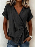 Women's Casual Lapel Collar Lace-Up Linen Blend Short-Sleeve Top - Image 6