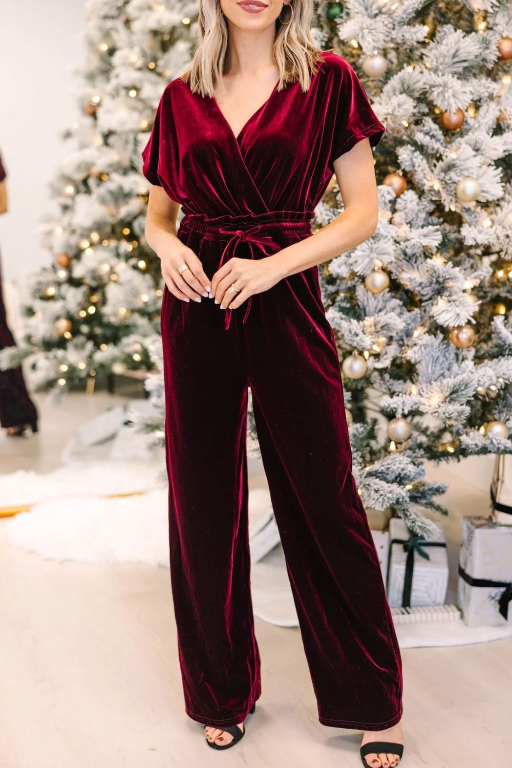 Burgundy Velvet Drawstring Surplice Jumpsuit | Wide-Leg Party