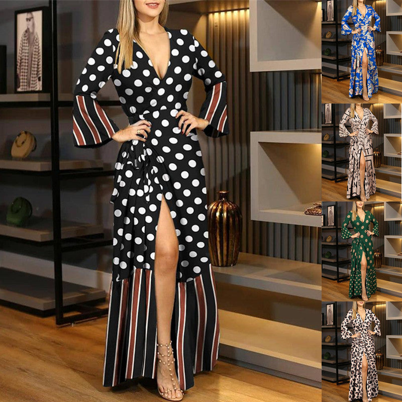 Fashionable Floral Print Long Dress with V-Neck (Women)