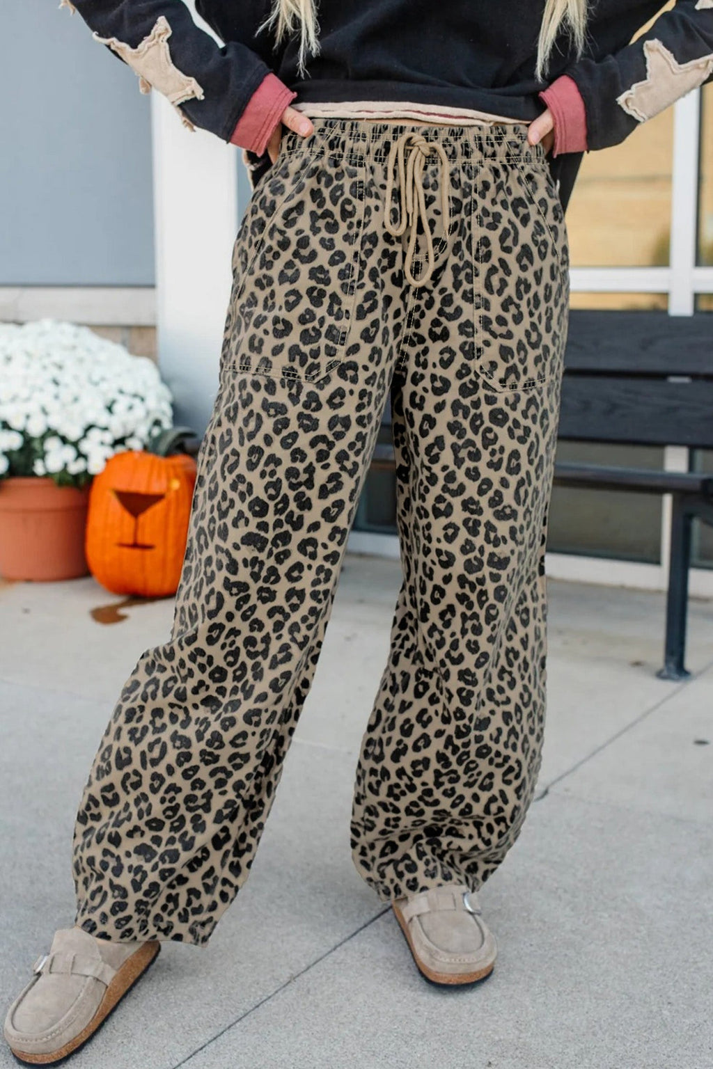 Khaki Leopard Print Drawstring Denim Pants with Pockets