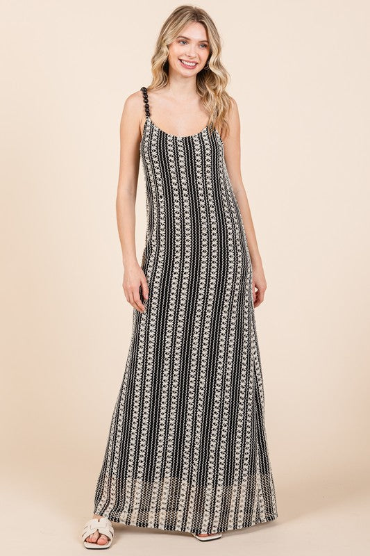 Striped maxi cami dress with scoop neckline and beaded strap detail