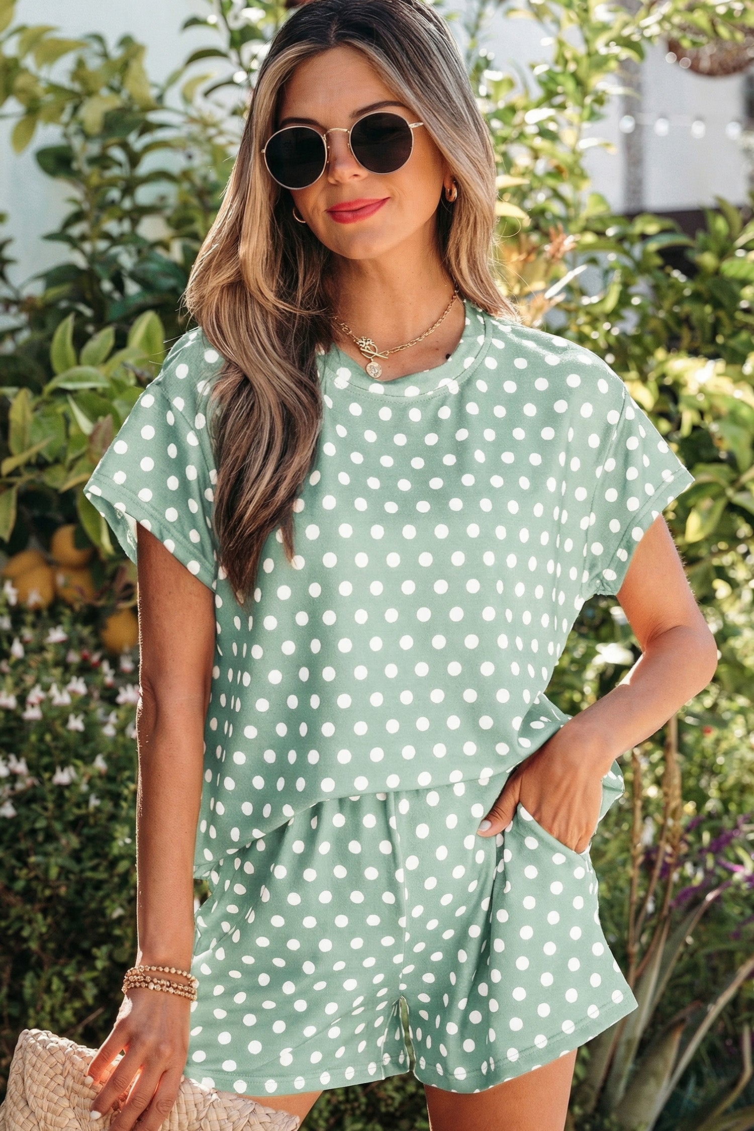 Purple Polka Dot Short Set Women's Two-Piece Casual Lounge Outfit