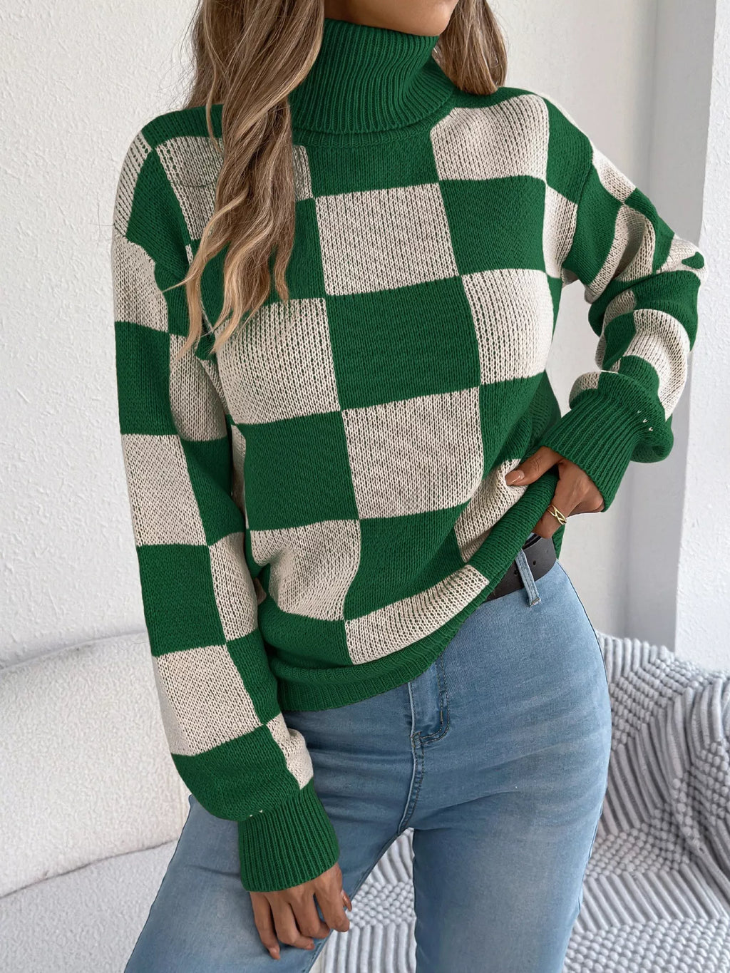 Checkered Turtleneck Long Sleeve Sweater