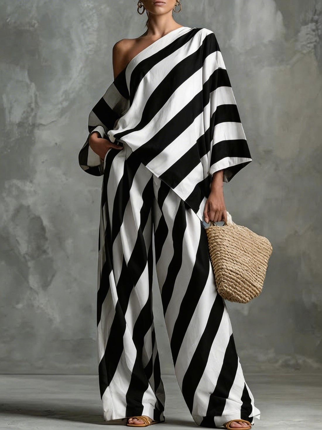 Women's Striped One-Shoulder Top and Wide-Leg Pants Set - Image 6