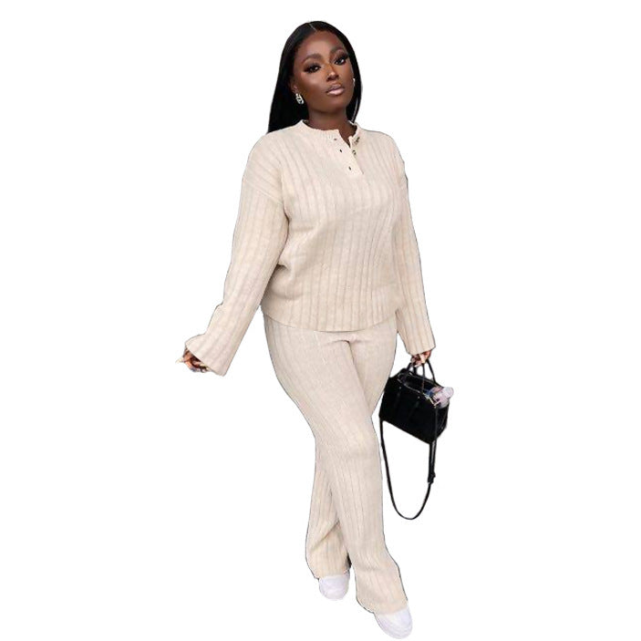 Women's Minimalist Long Sleeve Knit Two-Piece Loungewear Suit