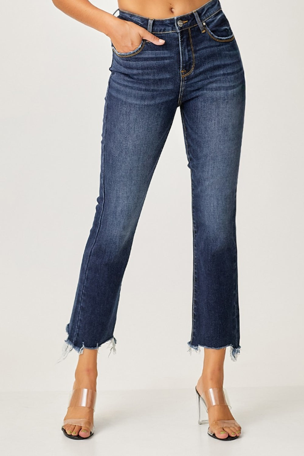 Risen Frayed Hem Cropped Straight Jeans | Cotton Blend