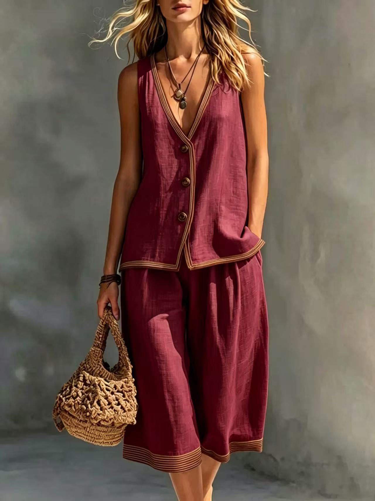 Women's Sleeveless Buttoned Vest and Shorts Two-Piece Linen Set