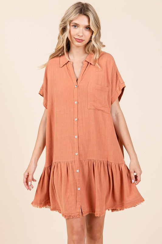 Linen Blend Button Down Mini Dress with Tiered Detail & Raw Hem