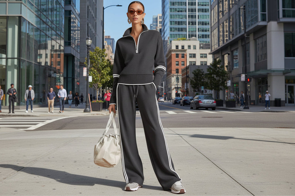 A model wearing a charcoal gray two-piece set consisting of a long-sleeve quarter-zip pullover and matching relaxed-fit joggers with side stripes, styled for an urban casual look.