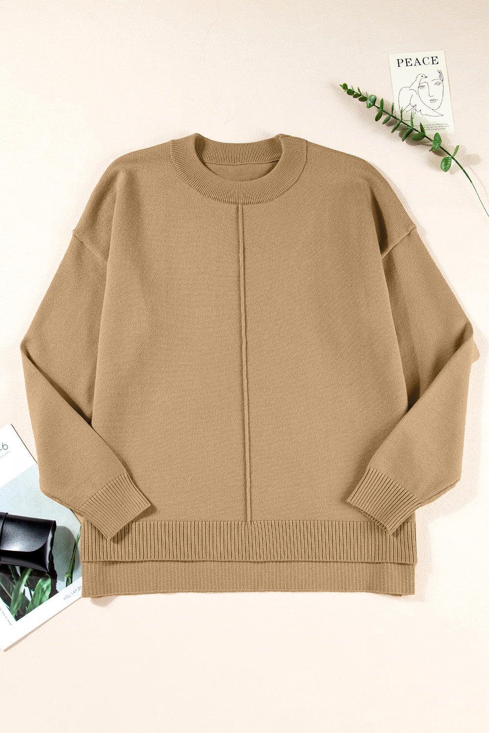 Solid Front Center Seam Drop Shoulder Sweater