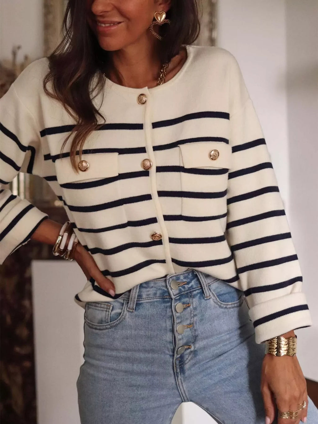 Striped Button-Front Cardigan
