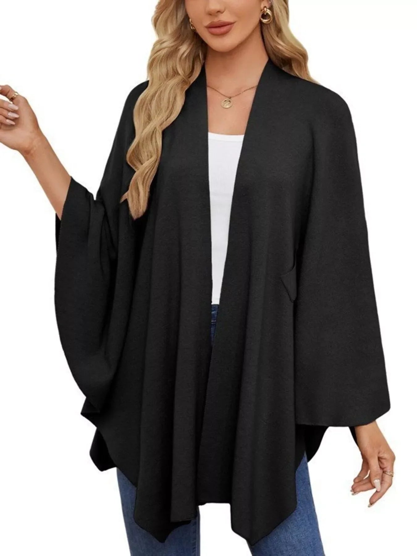 Solid Color Tie-Front Knit Cape Top